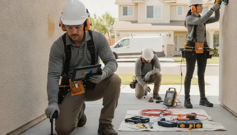 Miami FL plumber inspecting hidden leak detection equipment for home plumbing repairs