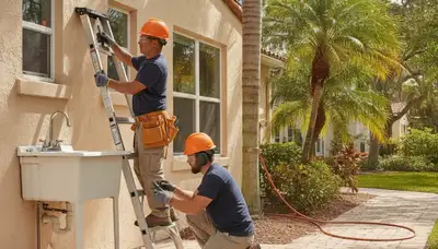 Miami, FL emergency plumbing repair technician servicing a residential pipe leak