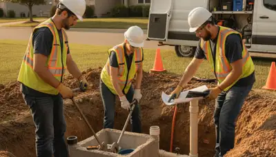 Septic repair team servicing a Miami, FL home for leak and system failure emergency plumbing support