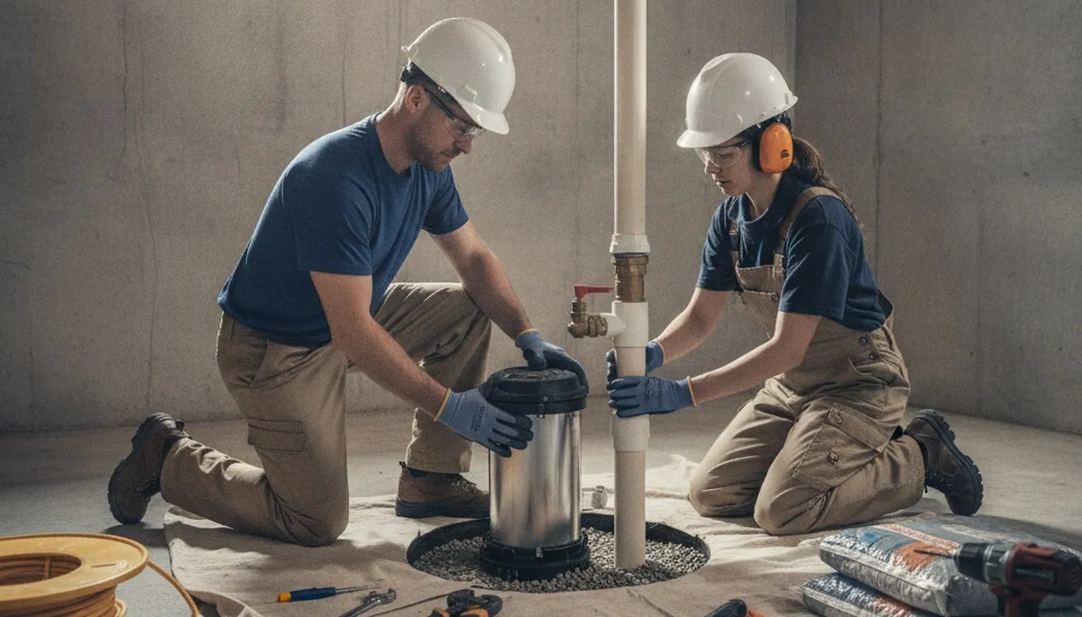 Miami, FL plumber installing sump pump for home flood protection during heavy rain season