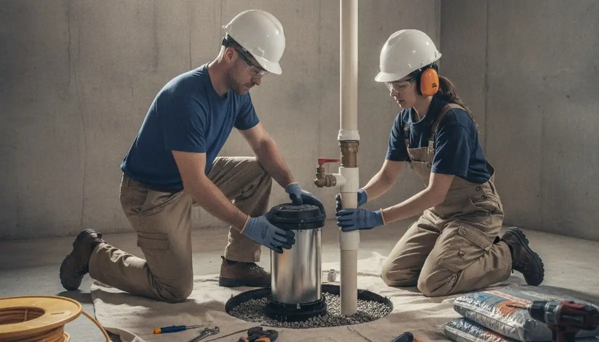 Miami, FL plumber installing sump pump for home flood protection during heavy rain season