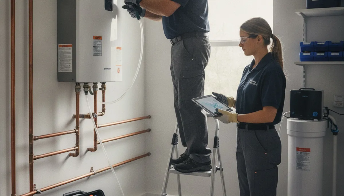 Miami plumber installing tankless water heater for emergency service in Miami, FL
