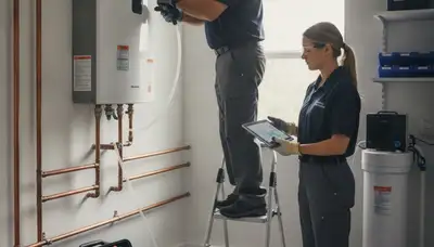 Miami plumber installing tankless water heater for emergency service in Miami, FL